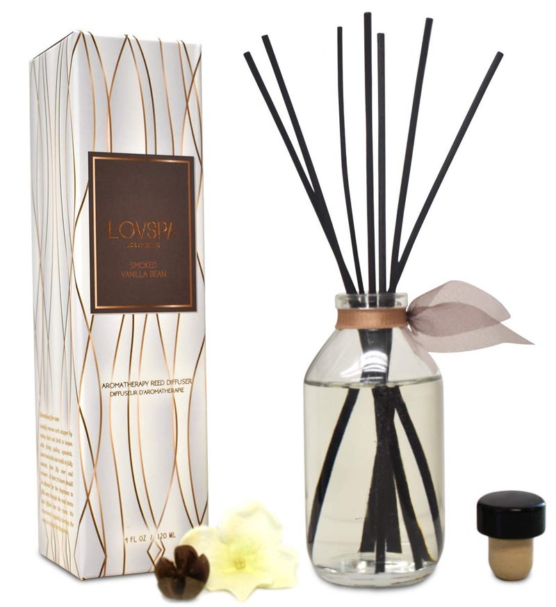 مجموعة ناشر قصب الفانيليا المدخنة من LOVSPA - معطر غرفة معطر بمزيج دافئ وجذاب من جلد خشب الصندل والفانيليا التاهيتية المدخنة وبوربون الجنوبي - صنع في الولايات المتحدة الأمريكية